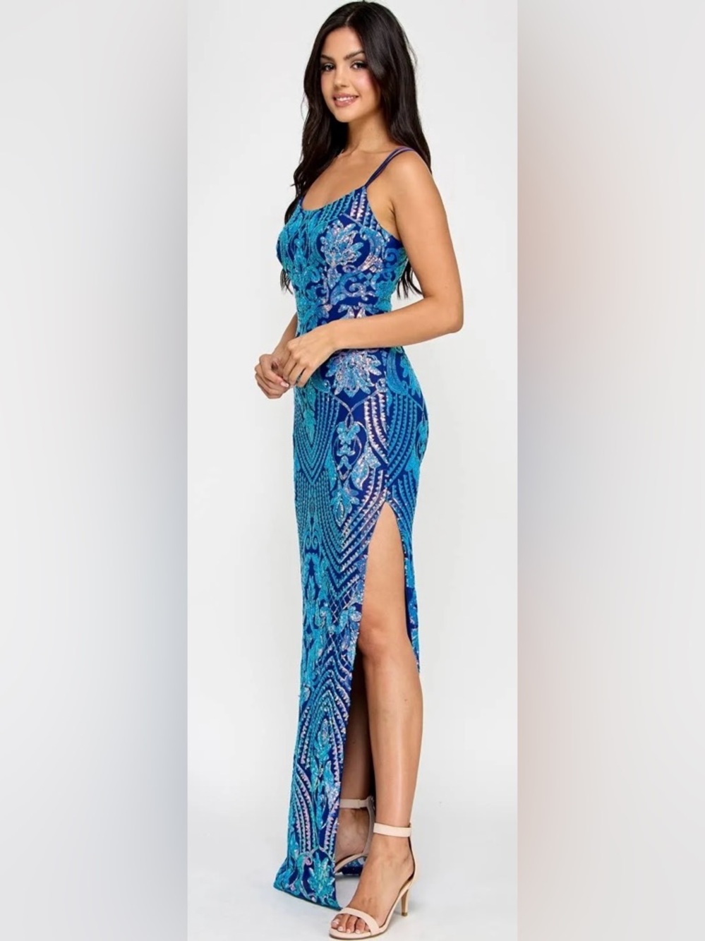 Emerald Sundae Blue & Turquoise Sequin High-Low Evening Dress
